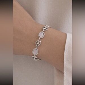 White Gold Plated Pink Stone Heart Bracelet CZ Accent Romantic Link Bracelet